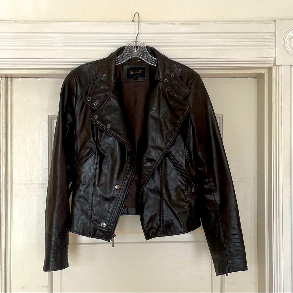 Laundry by Shelli Segal Rich Dark Chocolate Brown Motorcycle Leather Zip Jacket